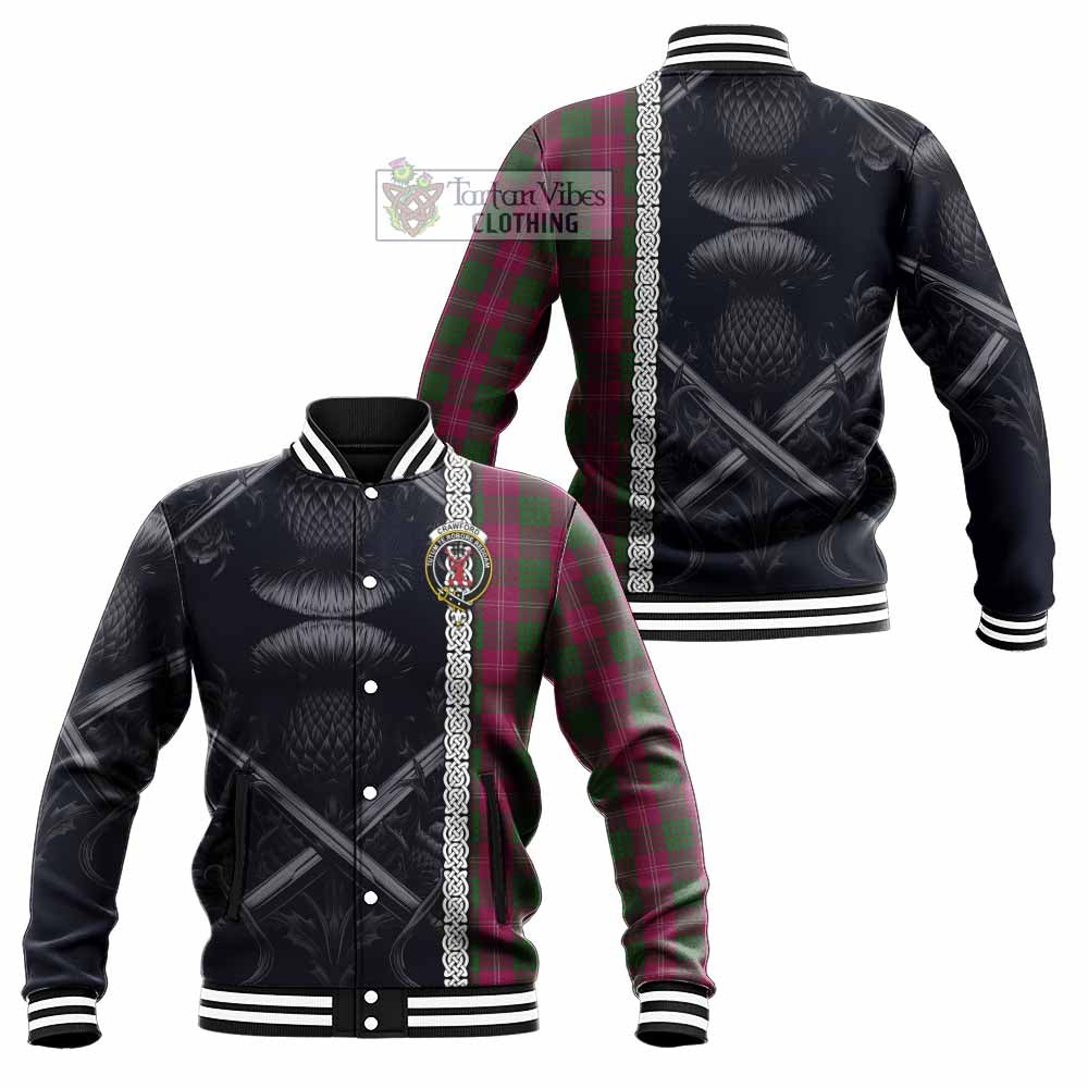Tartan Vibes Clothing Crawford Tartan Baseball Jacket with Family Crest Cross Sword Thistle Celtic Vibes