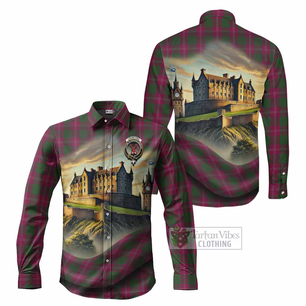Tartan Vibes Clothing Crawford Tartan Family Crest Long Sleeve Button Shirt with Scottish Ancient Castle Style