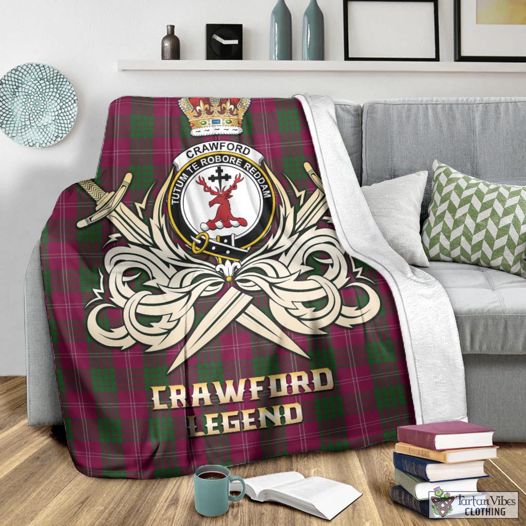 Tartan Vibes Clothing Crawford Tartan Blanket with Clan Crest and the Golden Sword of Courageous Legacy