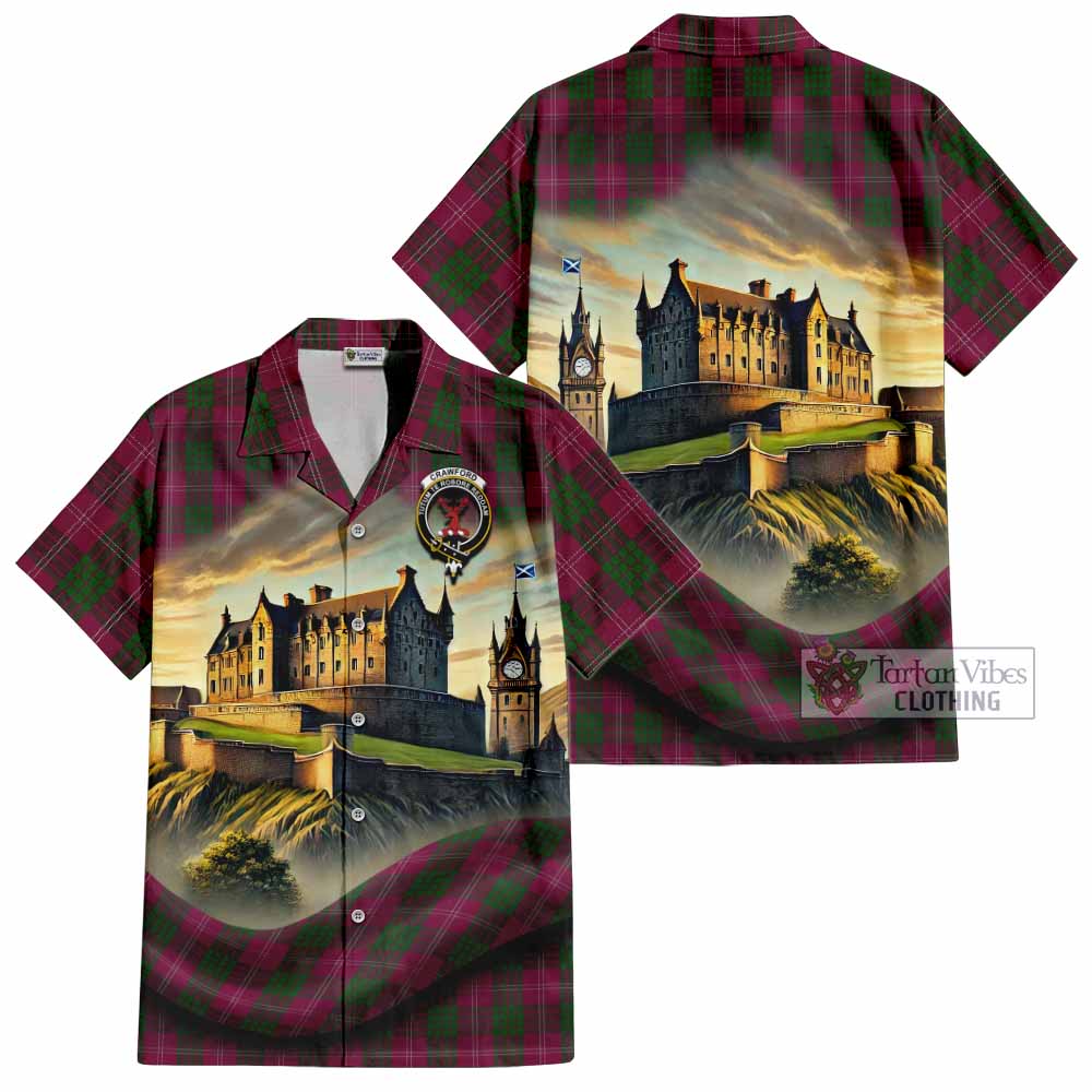 Tartan Vibes Clothing Crawford Tartan Family Crest Short Sleeve Button Shirt with Scottish Ancient Castle Style