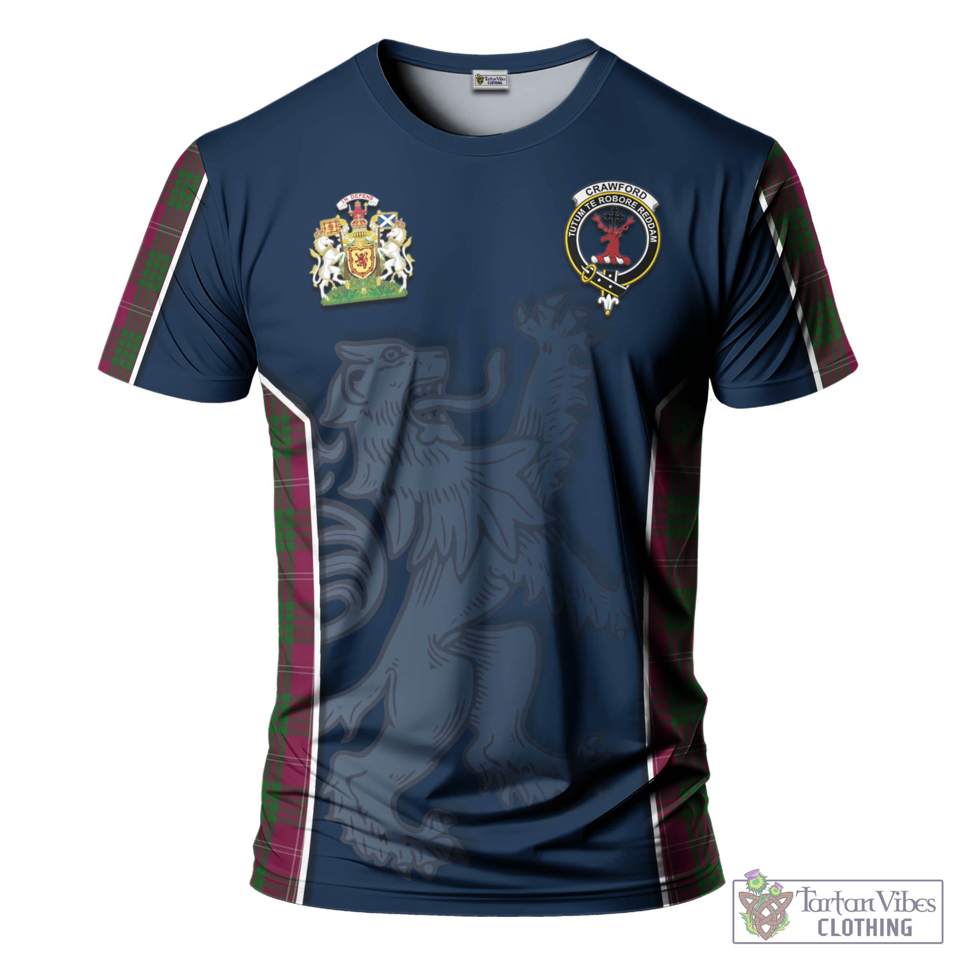 Tartan Vibes Clothing Crawford Tartan T-Shirt with Family Crest and Lion Rampant Vibes Sport Style