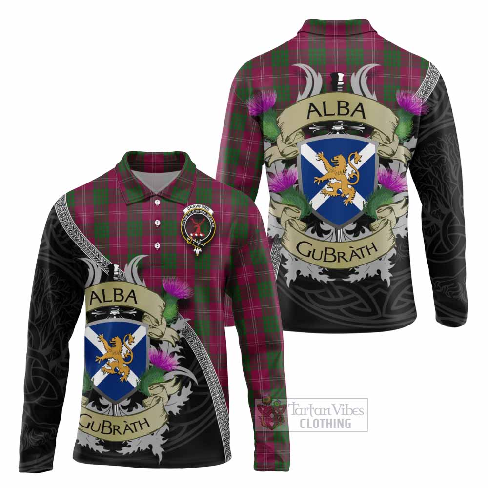 Tartan Vibes Clothing Crawford Tartan Family Crest Long Sleeve Polo Shirt Lion Rampant Royal Thistle Shield Celtic Inspired