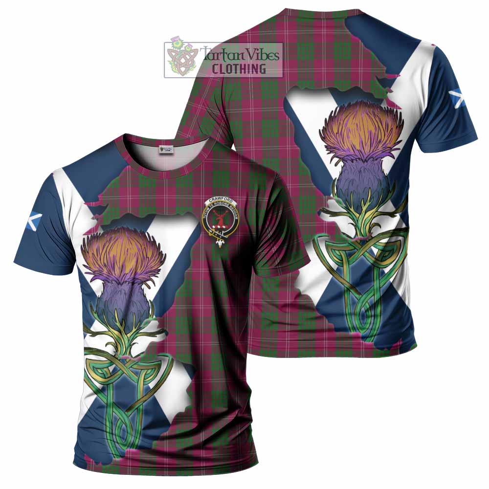 Tartan Vibes Clothing Crawford Tartan Family Crest T-Shirt Scottish Thistle Celtic Inspired