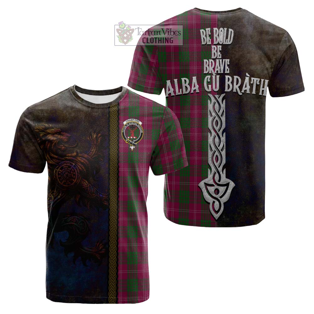 Tartan Vibes Clothing Crawford Tartan Family Crest Cotton T-shirt Alba Gu Brath Be Brave Lion Ancient Style