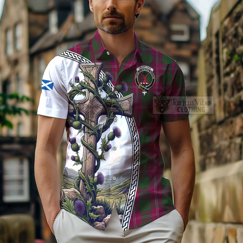 Tartan Vibes Clothing Crawford Tartan Short Sleeve Button Shirt with Family Crest and St. Andrew's Cross Accented by Thistle Vines