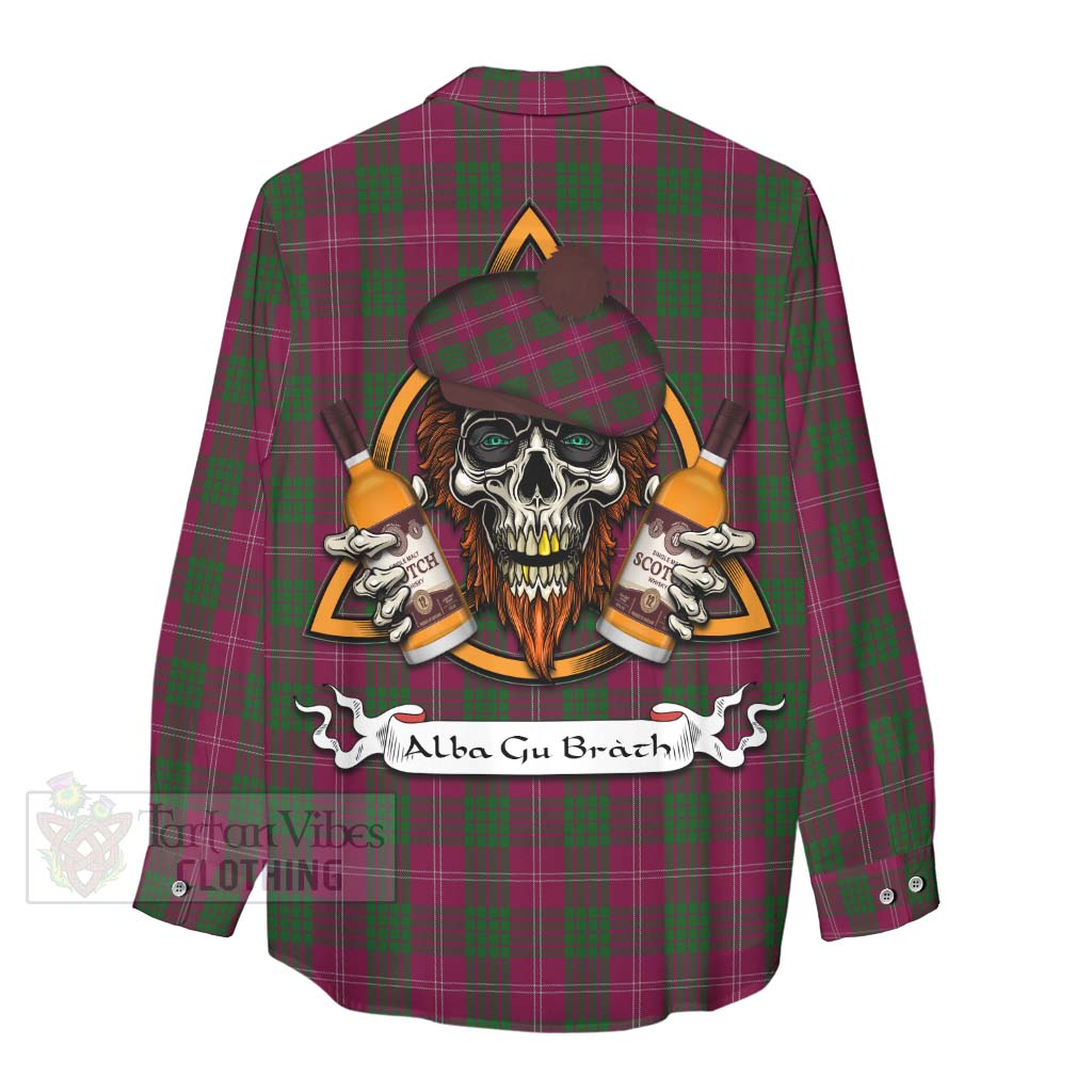 Tartan Vibes Clothing Crawford Tartan Women's Casual Shirt with Family Crest and Bearded Skull Holding Bottles of Whiskey
