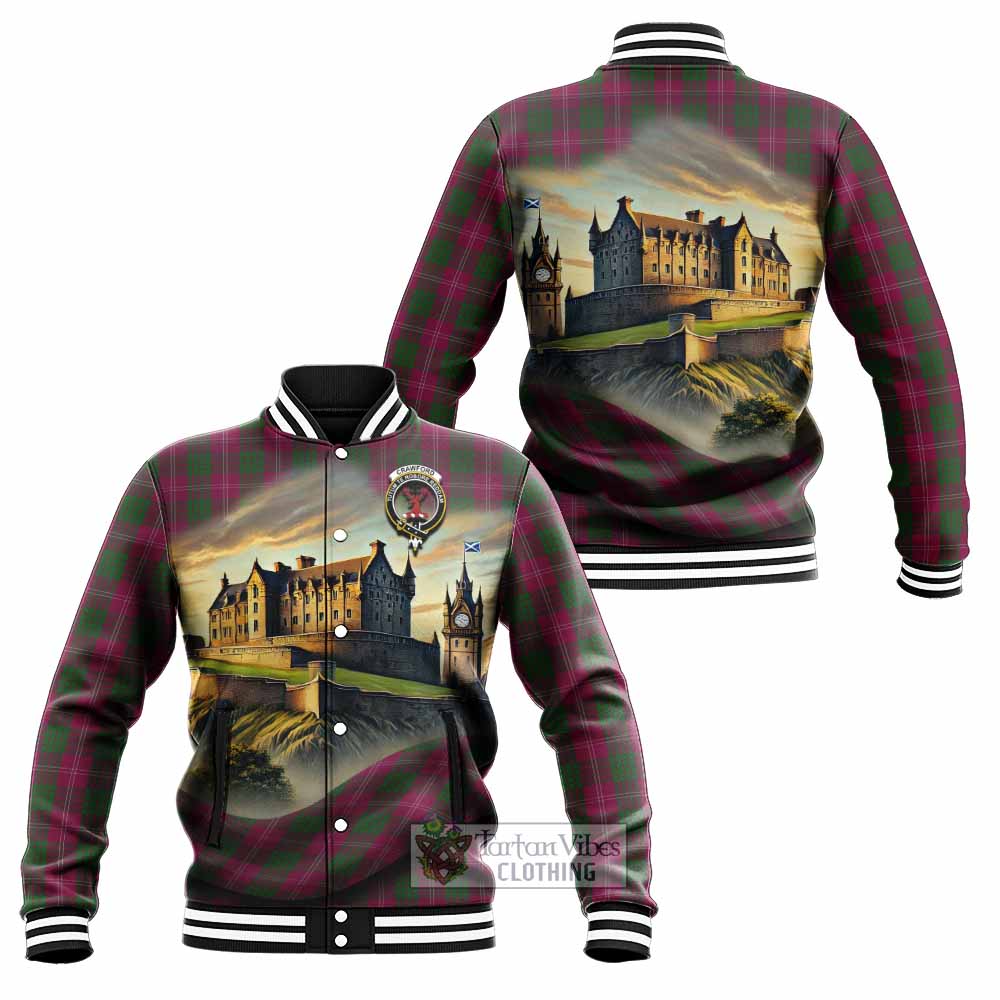 Tartan Vibes Clothing Crawford Tartan Family Crest Baseball Jacket with Scottish Ancient Castle Style