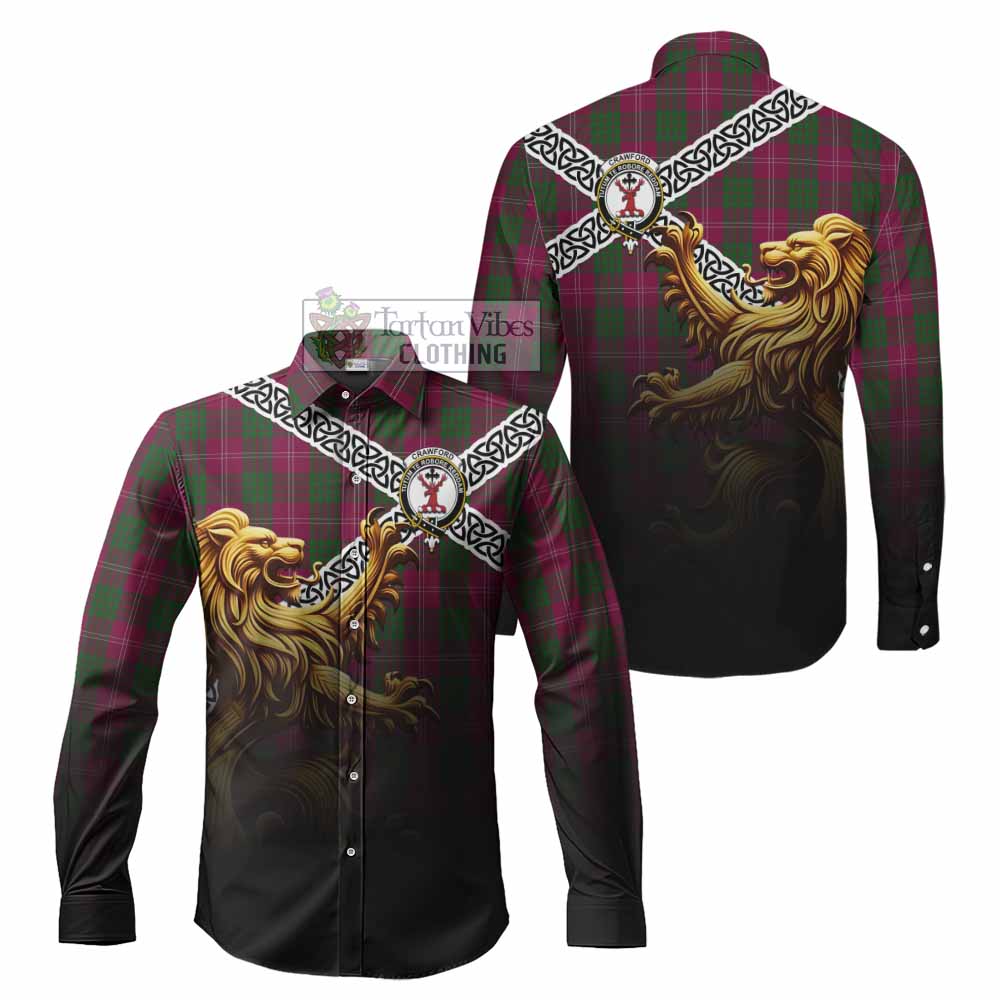 Tartan Vibes Clothing Crawford Crest Tartan Long Sleeve Button Shirt with Golden Lion Emblem Celtic Style