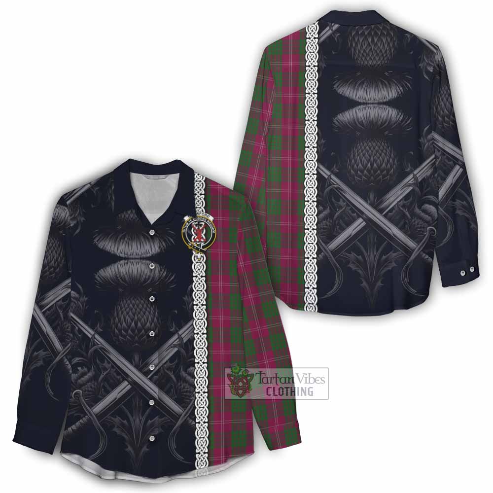 Tartan Vibes Clothing Crawford Tartan Women's Casual Shirt with Family Crest Cross Sword Thistle Celtic Vibes
