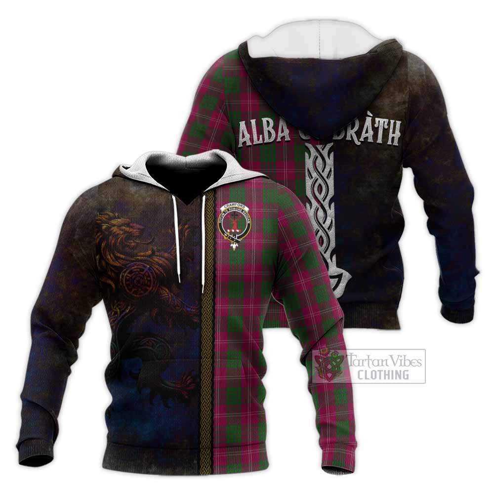 Tartan Vibes Clothing Crawford Tartan Family Crest Knitted Hoodie Alba Gu Brath Be Brave Lion Ancient Style