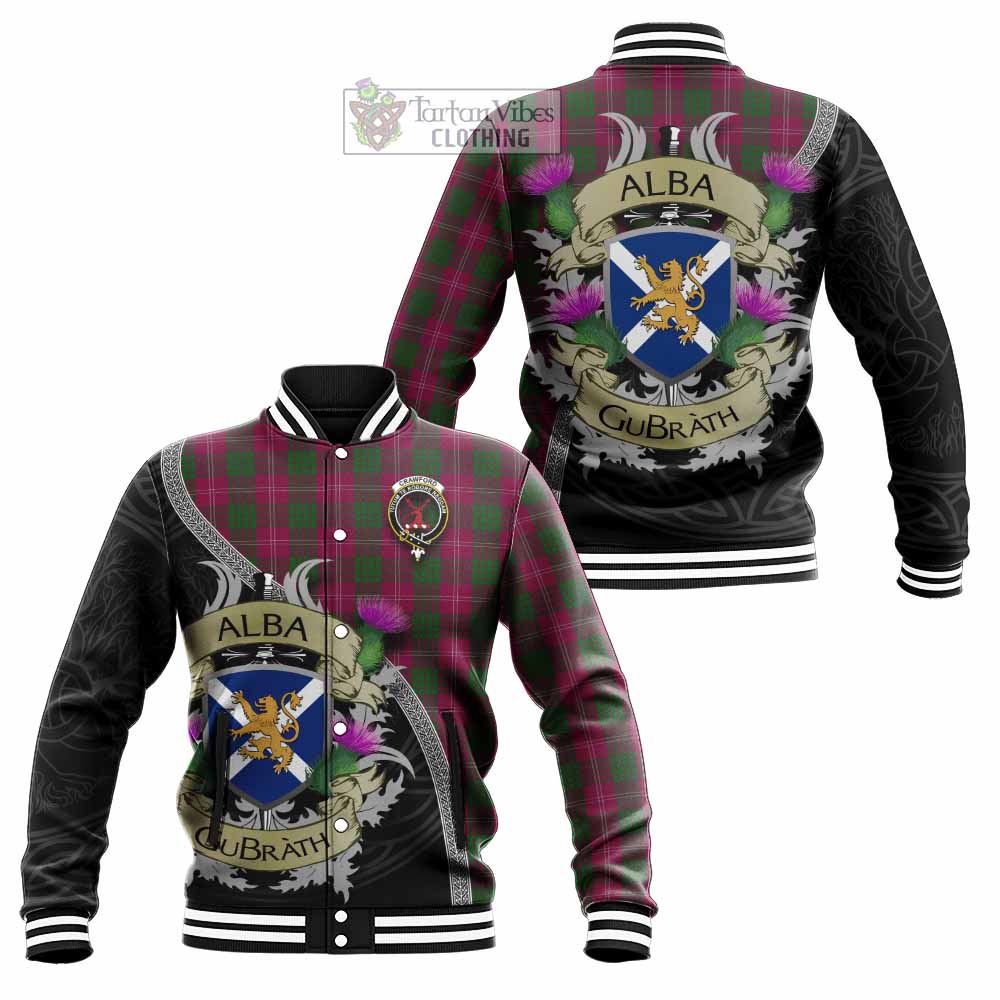 Tartan Vibes Clothing Crawford Tartan Family Crest Baseball Jacket Lion Rampant Royal Thistle Shield Celtic Inspired