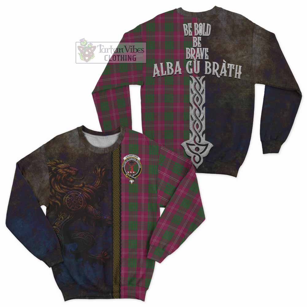 Tartan Vibes Clothing Crawford Tartan Family Crest Sweatshirt Alba Gu Brath Be Brave Lion Ancient Style