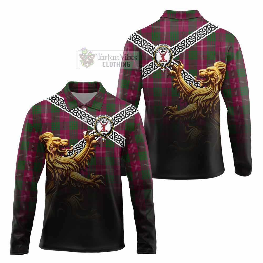Tartan Vibes Clothing Crawford Crest Tartan Long Sleeve Polo Shirt with Golden Lion Emblem Celtic Style