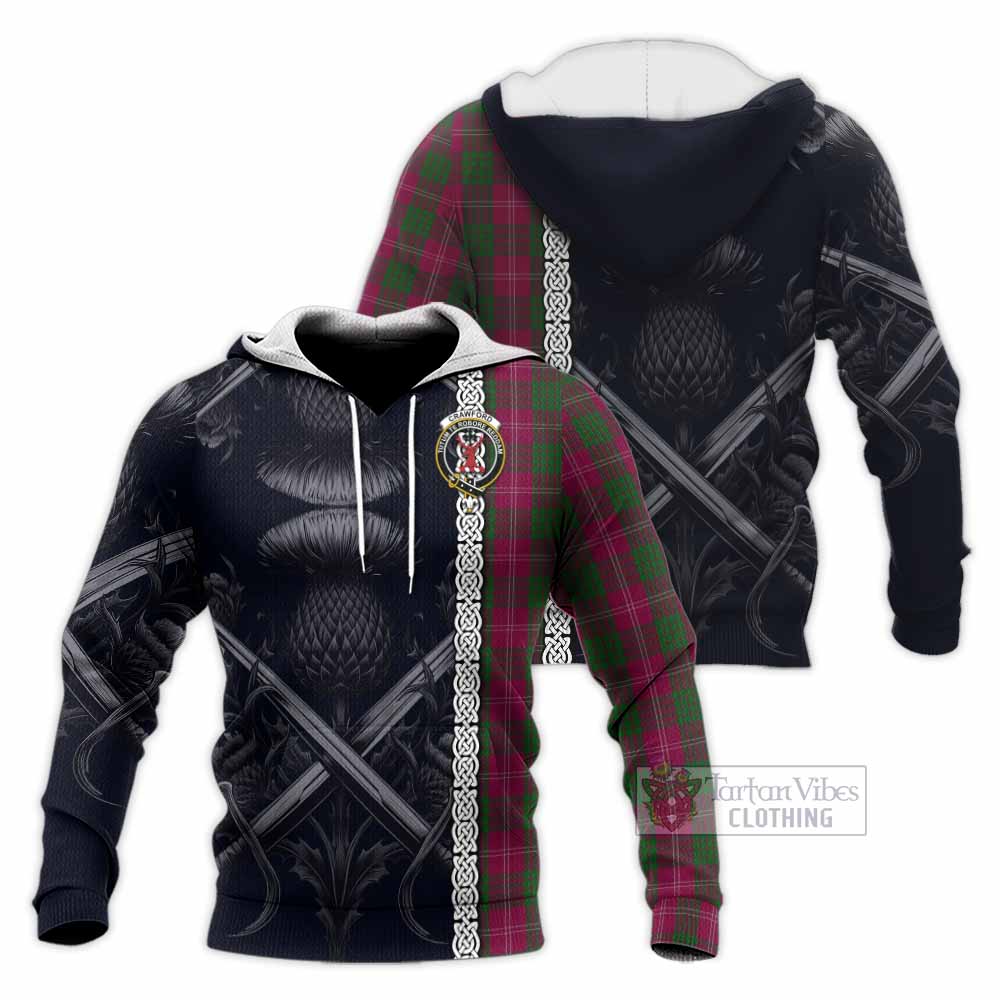 Tartan Vibes Clothing Crawford Tartan Knitted Hoodie with Family Crest Cross Sword Thistle Celtic Vibes