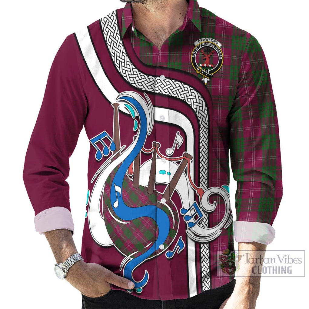 Crawford Tartan Long Sleeve Button Shirt with Epic Bagpipe Style - Tartanvibesclothing Shop
