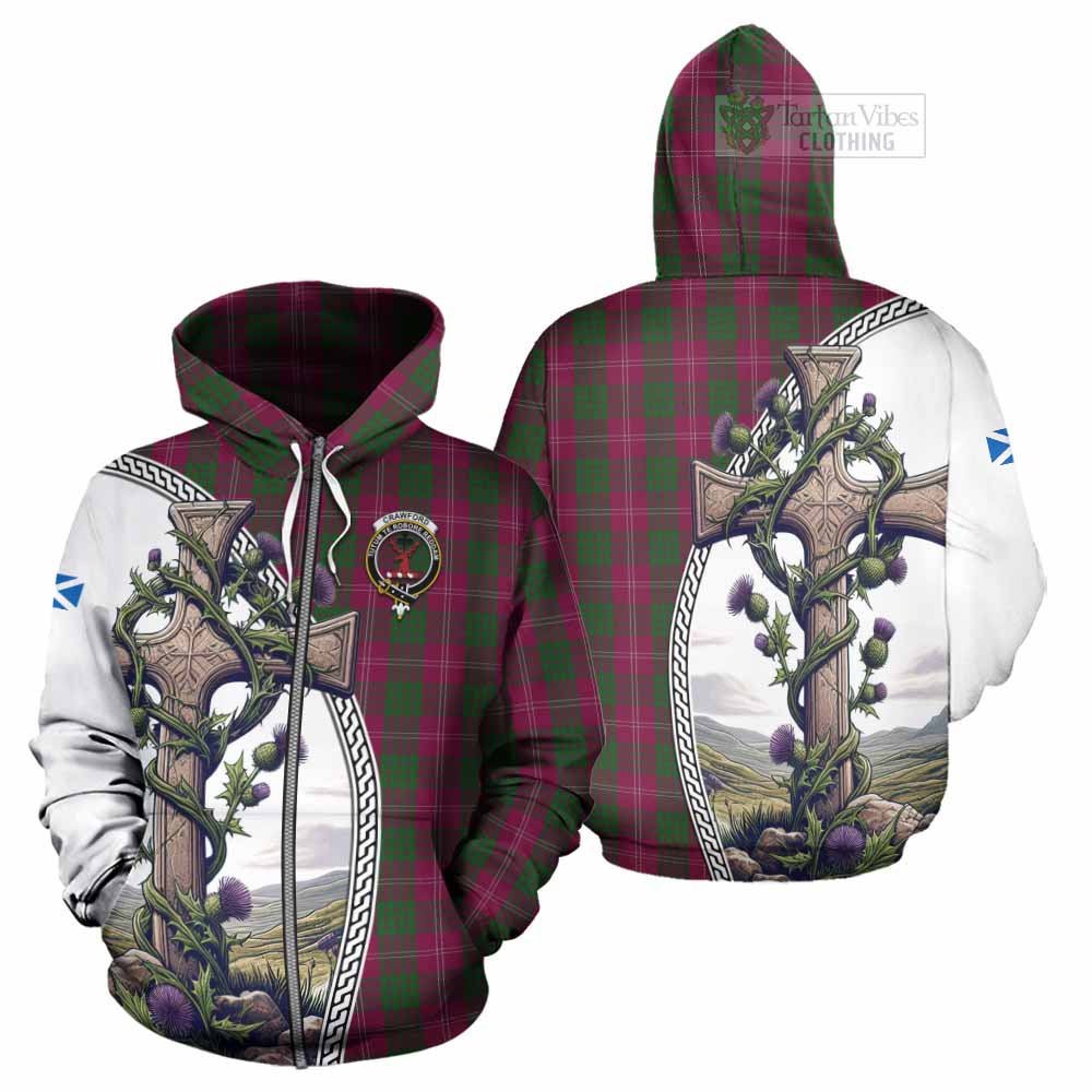 Tartan Vibes Clothing Crawford Tartan Hoodie with Family Crest and St. Andrew's Cross Accented by Thistle Vines