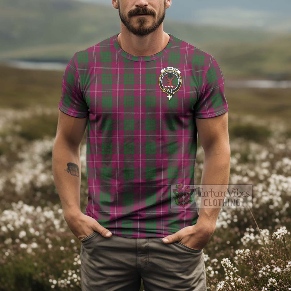 Tartan Vibes Clothing Crawford Tartan T-Shirt with Family Crest and Bearded Skull Holding Bottles of Whiskey