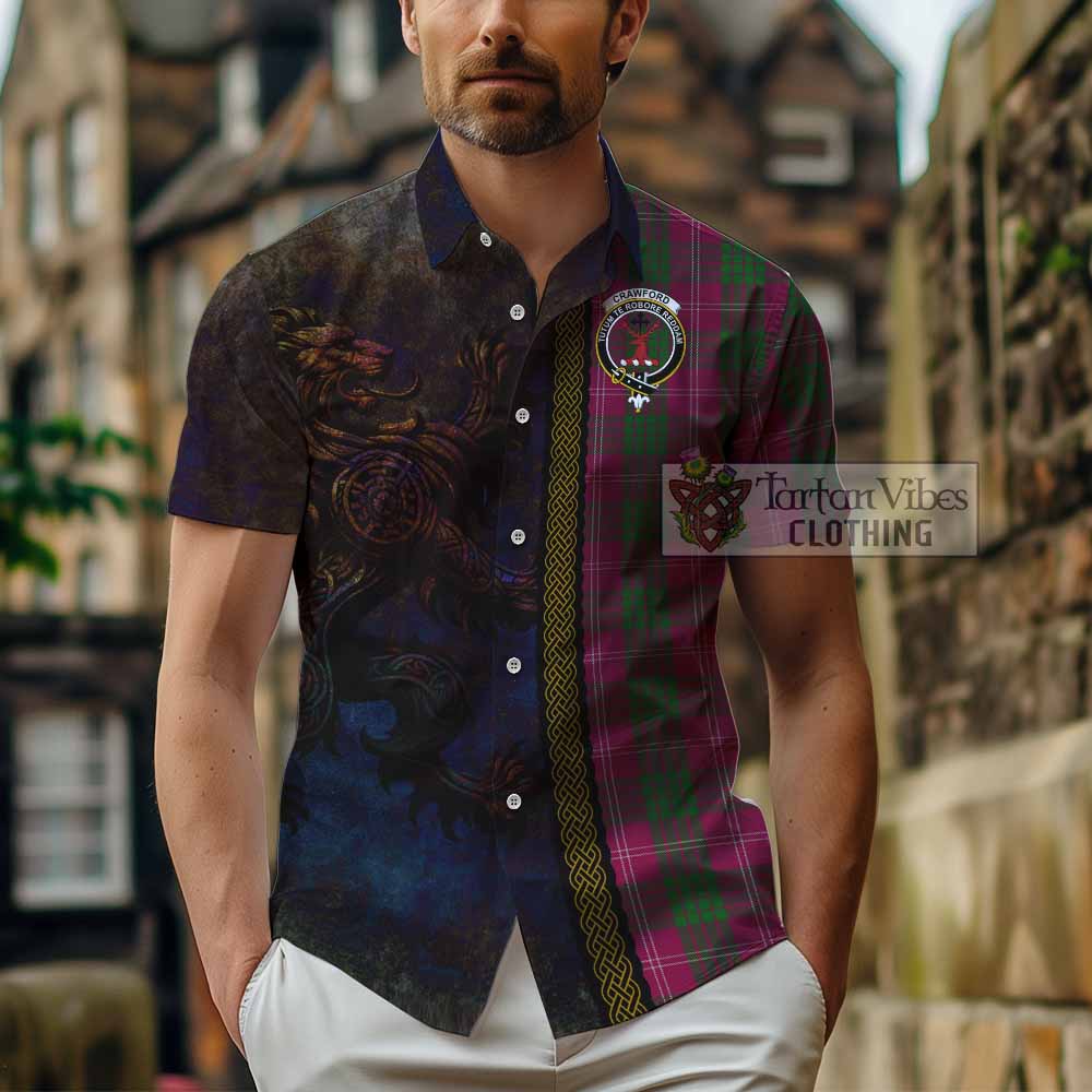Tartan Vibes Clothing Crawford Tartan Family Crest Short Sleeve Button Shirt Alba Gu Brath Be Brave Lion Ancient Style