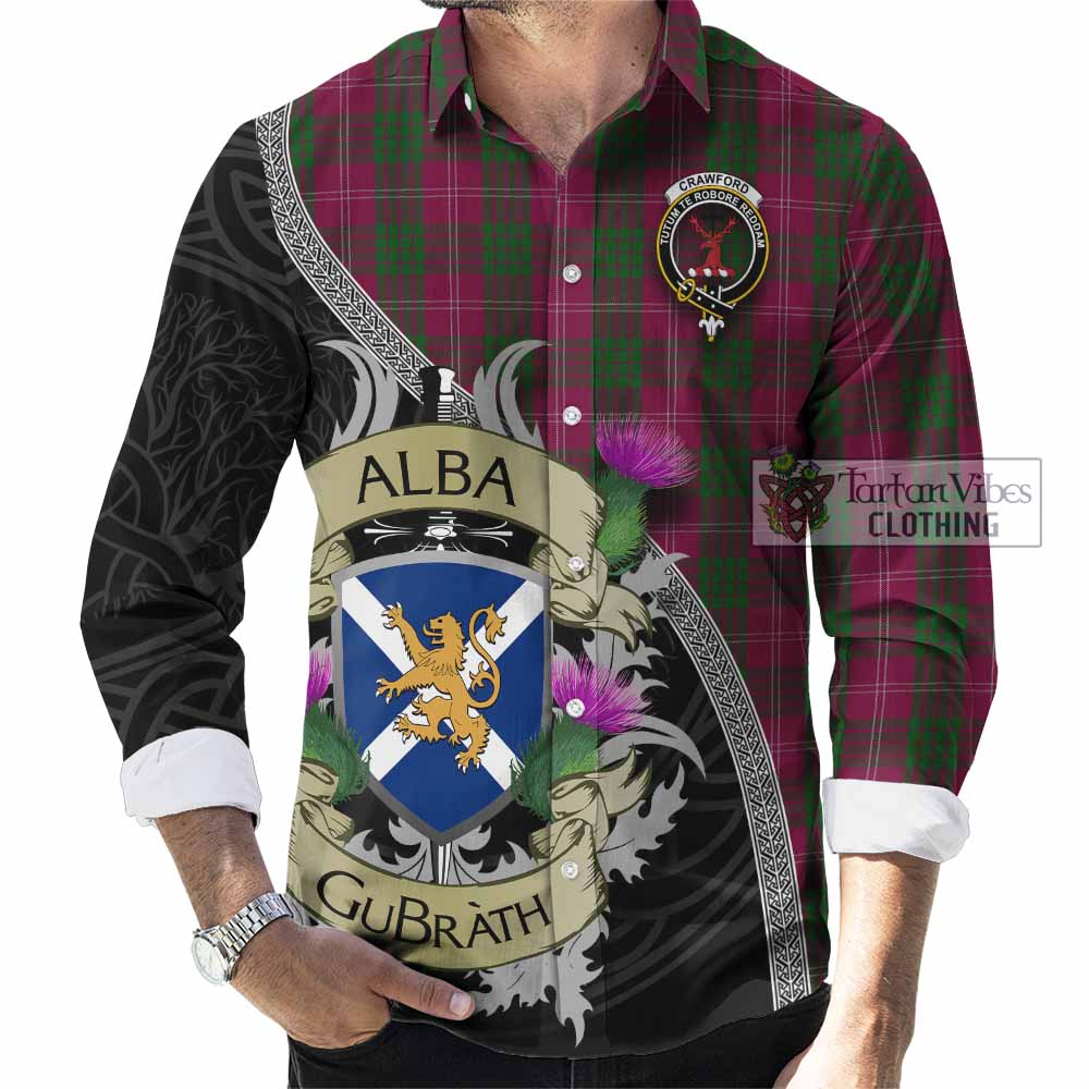 Tartan Vibes Clothing Crawford Tartan Family Crest Long Sleeve Button Shirt Lion Rampant Royal Thistle Shield Celtic Inspired