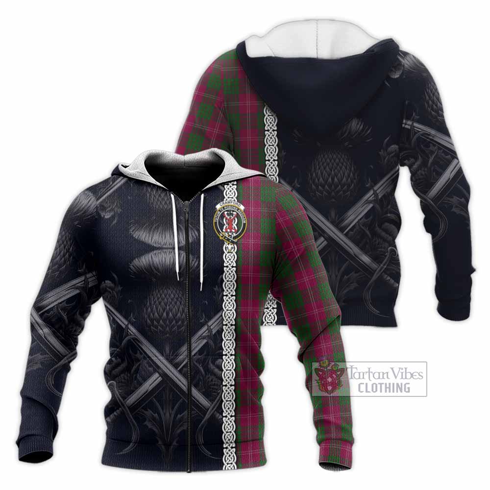 Tartan Vibes Clothing Crawford Tartan Knitted Hoodie with Family Crest Cross Sword Thistle Celtic Vibes