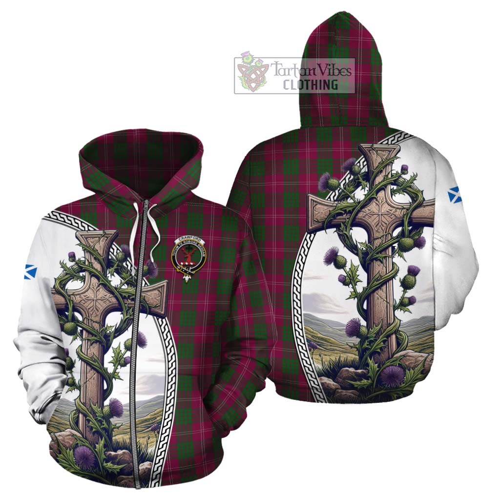 Tartan Vibes Clothing Crawford Tartan Cotton Hoodie with Family Crest and St. Andrew's Cross Accented by Thistle Vines