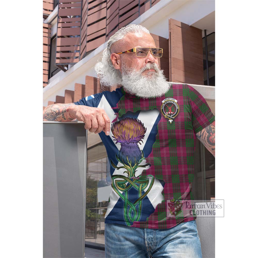 Tartan Vibes Clothing Crawford Tartan Family Crest Cotton T-shirt Scottish Thistle Celtic Inspired