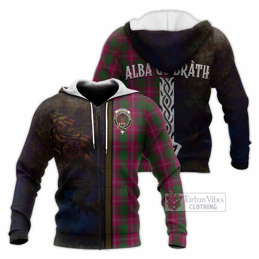 Tartan Vibes Clothing Crawford Tartan Family Crest Knitted Hoodie Alba Gu Brath Be Brave Lion Ancient Style