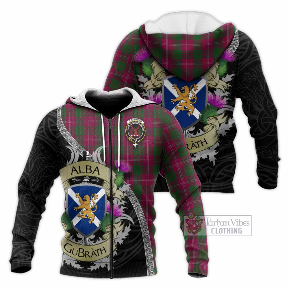 Tartan Vibes Clothing Crawford Tartan Family Crest Knitted Hoodie Lion Rampant Royal Thistle Shield Celtic Inspired