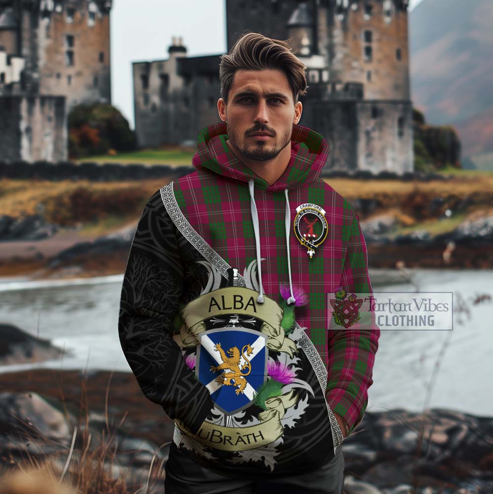 Tartan Vibes Clothing Crawford Tartan Family Crest Cotton Hoodie Lion Rampant Royal Thistle Shield Celtic Inspired