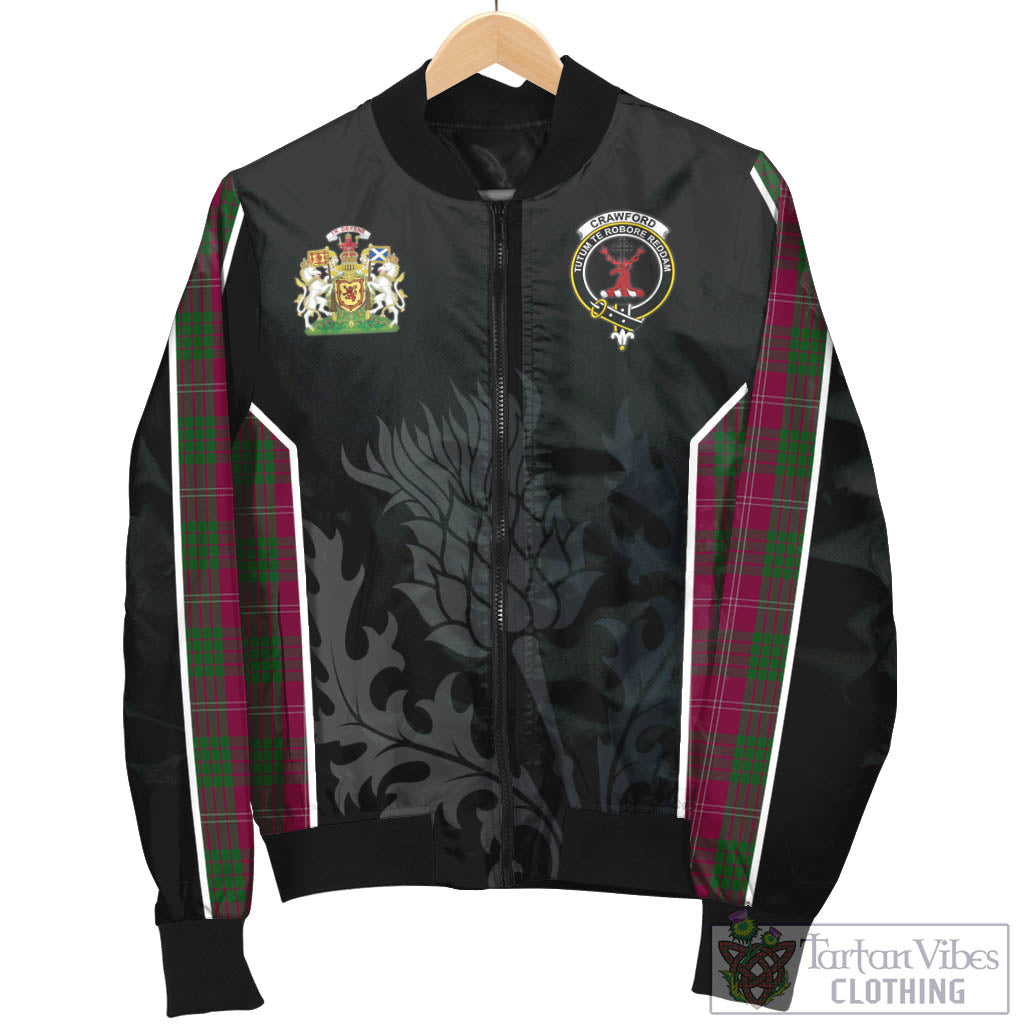 Tartan Vibes Clothing Crawford Tartan Bomber Jacket with Family Crest and Scottish Thistle Vibes Sport Style