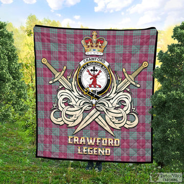 Crawford Ancient Tartan Quilt with Clan Crest and the Golden Sword of Courageous Legacy