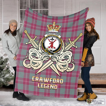 Crawford Ancient Tartan Blanket with Clan Crest and the Golden Sword of Courageous Legacy
