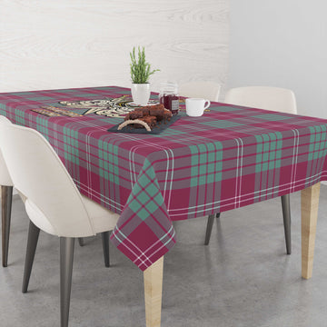 Crawford Ancient Tartan Tablecloth with Clan Crest and the Golden Sword of Courageous Legacy