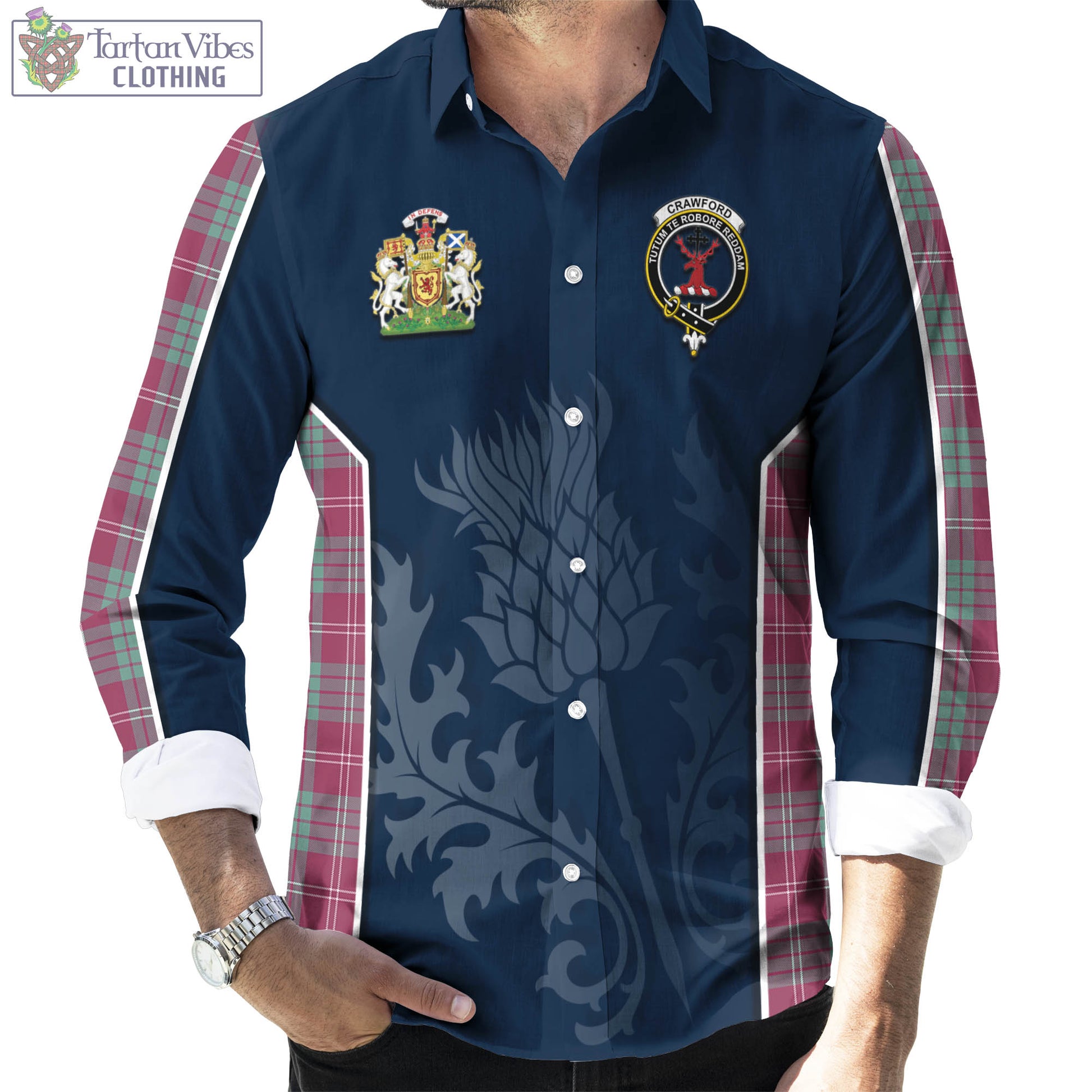 Tartan Vibes Clothing Crawford Ancient Tartan Long Sleeve Button Up Shirt with Family Crest and Scottish Thistle Vibes Sport Style