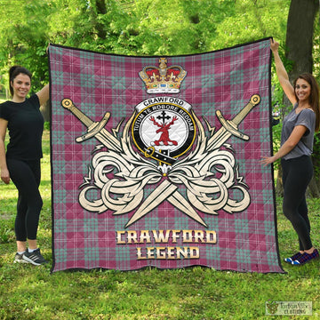 Crawford Ancient Tartan Quilt with Clan Crest and the Golden Sword of Courageous Legacy