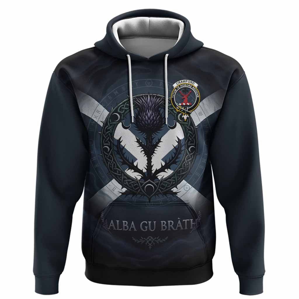 Crawford Clan Crest Hoodie with Celtic Knot Thistle and Saltire
