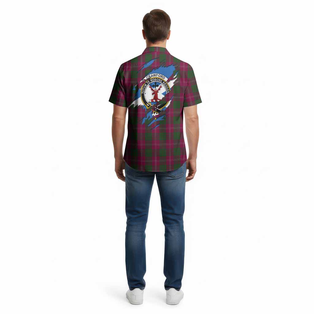 Crawford Clan Crest In Me Tartan Cotton Hawaiian Shirt Scotland Flag Style