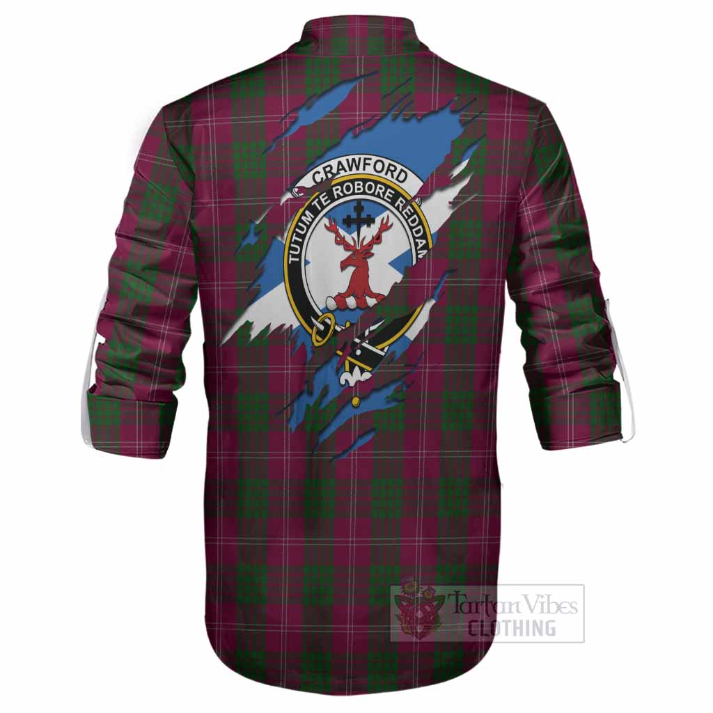 Crawford Clan Crest In Me Tartan Ghillie Shirt Scotland Flag Style