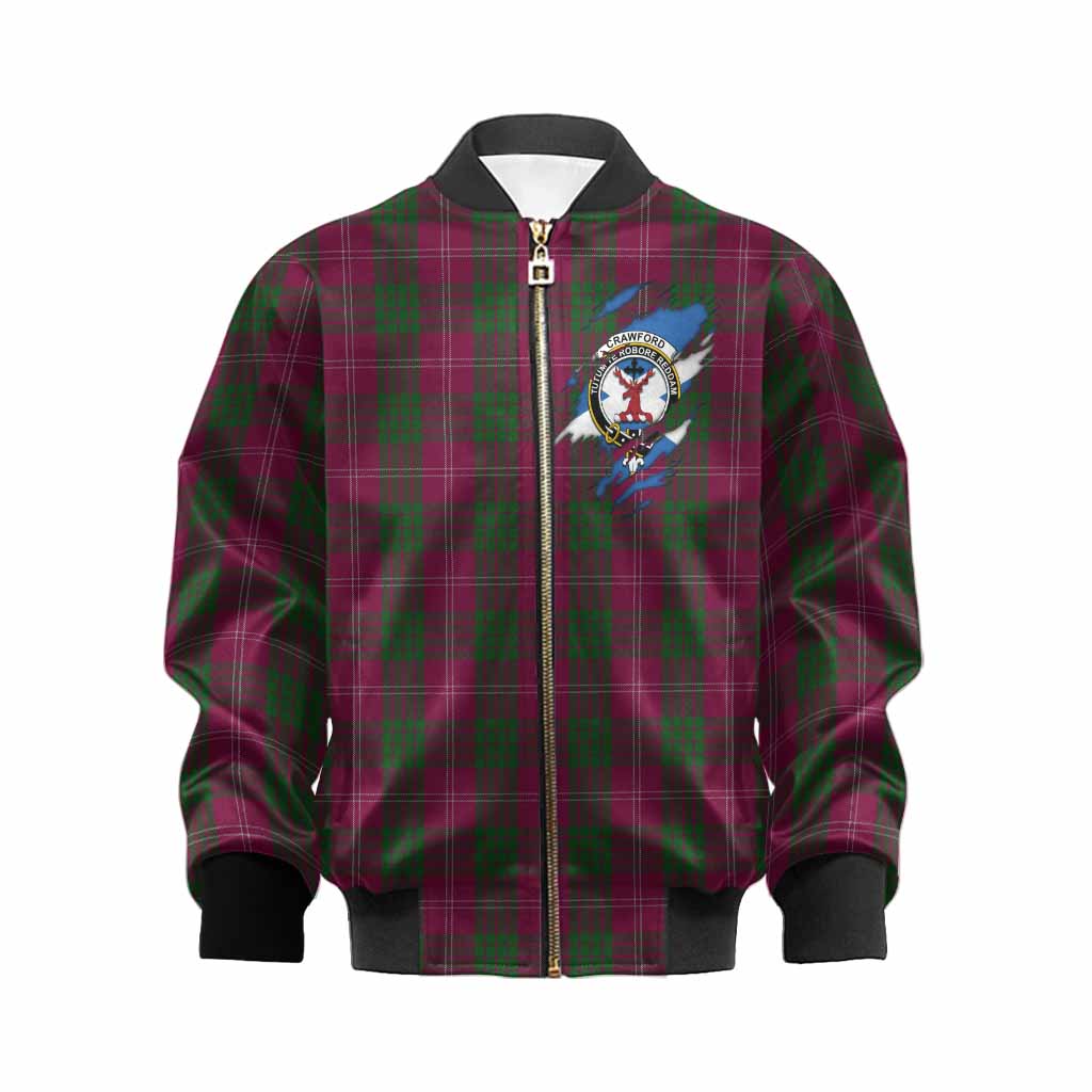 Crawford Clan Crest In Me Tartan Kid Bomber Jacket Scotland Flag Style
