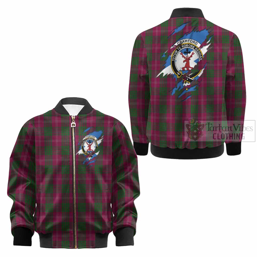 Crawford Clan Crest In Me Tartan Kid Bomber Jacket Scotland Flag Style