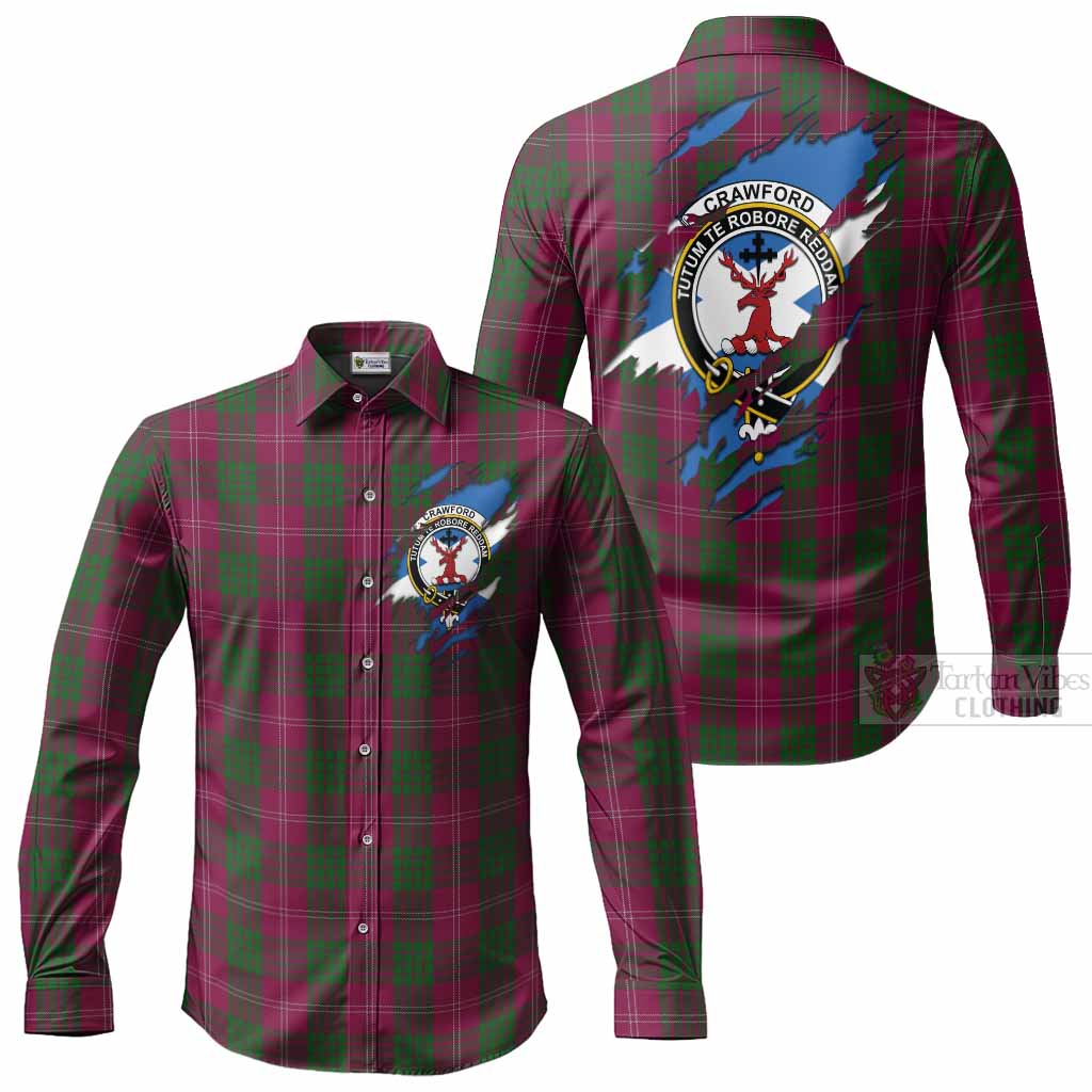 Crawford Clan Crest In Me Tartan Long Sleeve Button Shirts Scotland Flag Style