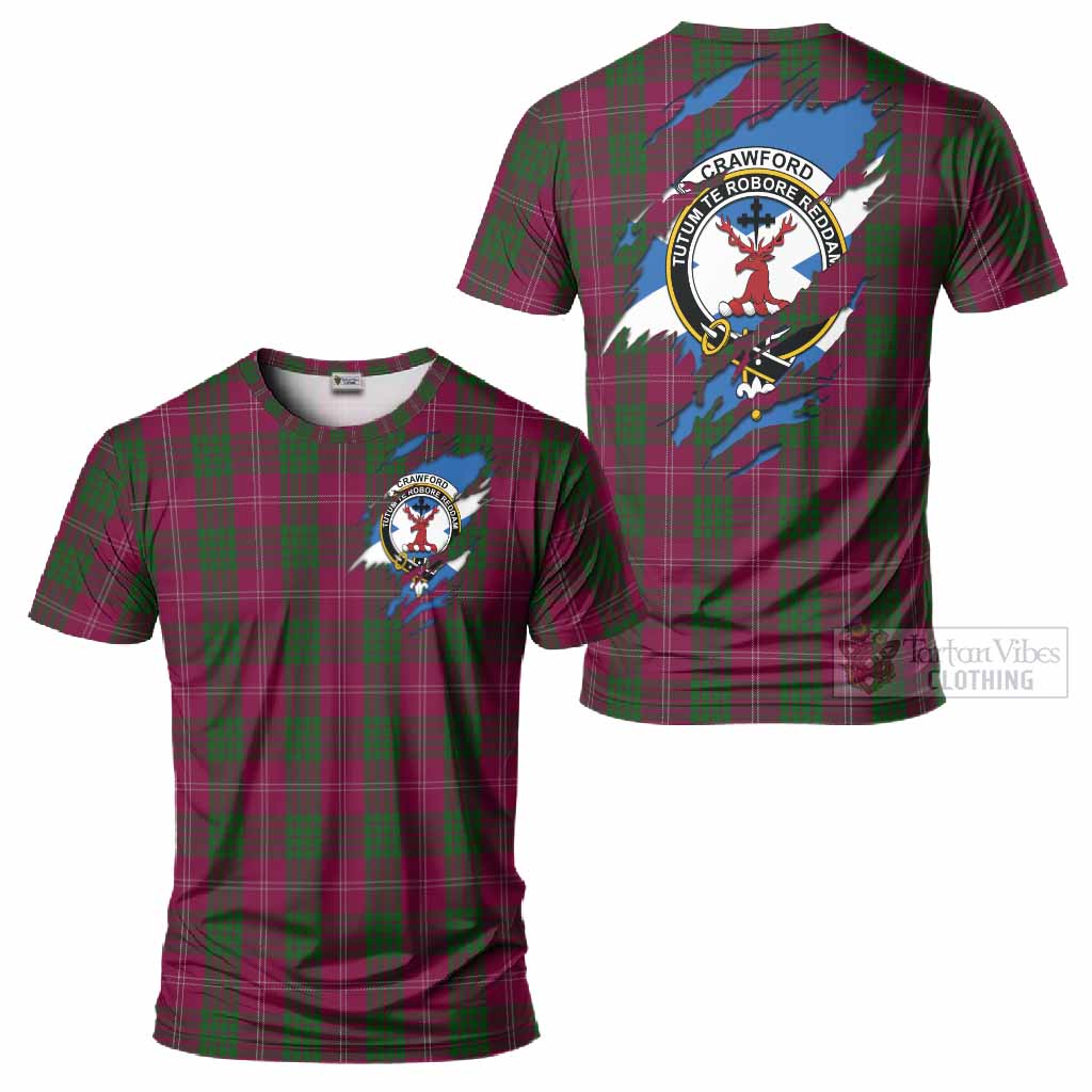 Crawford Clan Crest In Me Tartan T-Shirt Scotland Flag Style