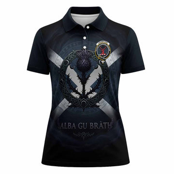 Crawford Clan Crest Women Polo Shirt with Celtic Knot Thistle and Saltire