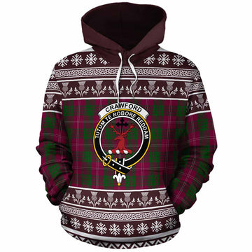 Crawford Clan Tartan Christmas Cotton Hoodie with Family Crest