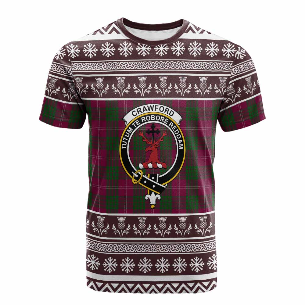 Crawford Clan Tartan Christmas Cotton T-shirt with Family Crest - Tartan Vibes Clothing