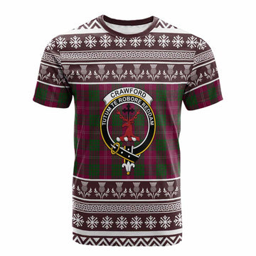 Crawford Clan Tartan Christmas Cotton T-shirt with Family Crest