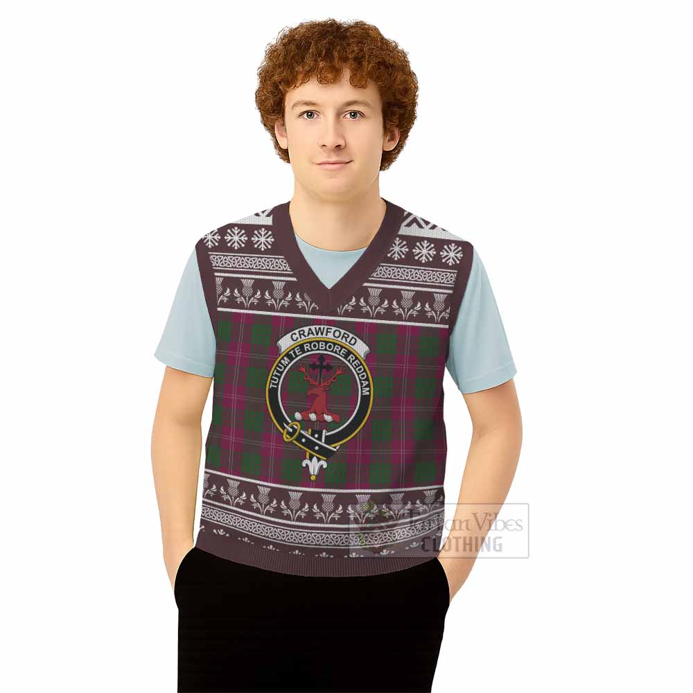 Crawford Clan Tartan Christmas Knitted V-Neck Vest with Family Crest - Tartan Vibes Clothing