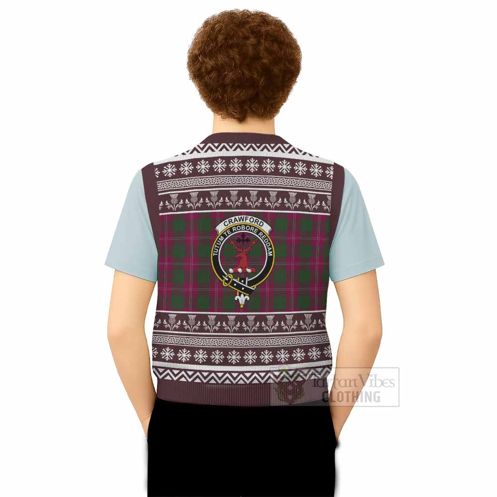 Crawford Clan Tartan Christmas Knitted V-Neck Vest with Family Crest - Tartan Vibes Clothing