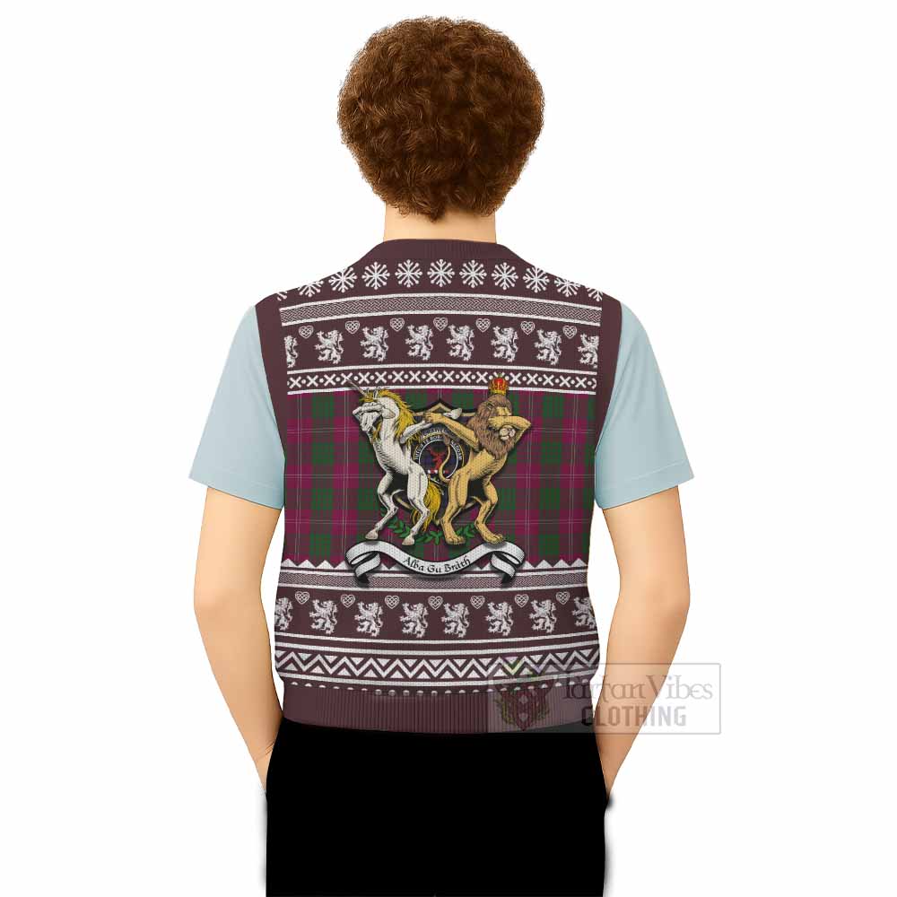 Crawford Clan Tartan Crest Christmas Knitted V-Neck Vest Coat of Arms Funny Style - Tartan Vibes Clothing