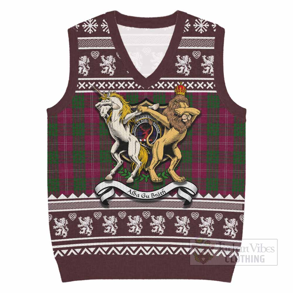 Crawford Clan Tartan Crest Christmas Knitted V-Neck Vest Coat of Arms Funny Style - Tartan Vibes Clothing